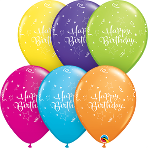 Open image in slideshow, Qualatex 11&quot; round &#39;Happy Birthday&#39; Shining Star print assorted balloons (6 pack)
