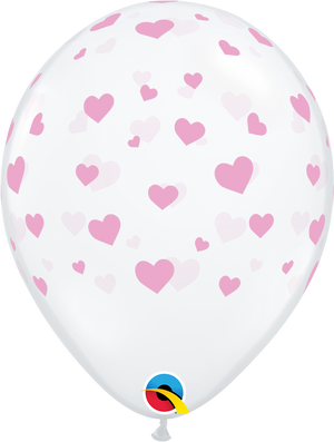 Open image in slideshow, Qualatex 11&quot; round clear &#39;Hearts Around&#39; print balloons (25 pack)
