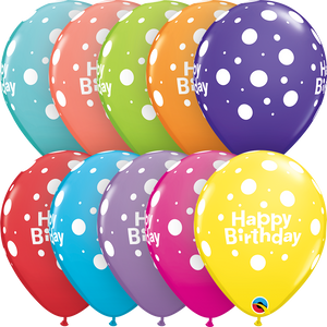 Open image in slideshow, Qualatex 11&quot; round &#39;Happy Birthday&#39; Big Polka Dots print assorted balloons (6 pack)
