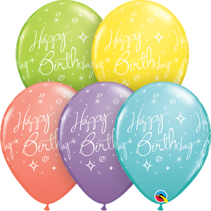 Open image in slideshow, Qualatex 11&quot; round &#39;Happy Birthday&#39; Elegant Sparkles &amp; Swirls print assorted balloons (6 pack)
