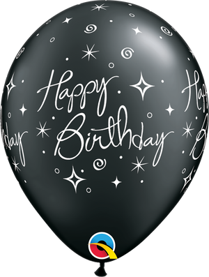 Open image in slideshow, Qualatex 11&quot; round &#39;Happy Birthday&#39; Elegant Sparkles &amp; Swirls print onyx black balloons (6 pack)
